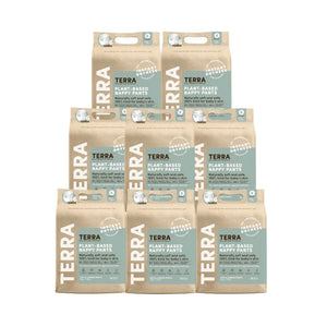 Multiple packages of Terra plant-based nappy pants on a white background