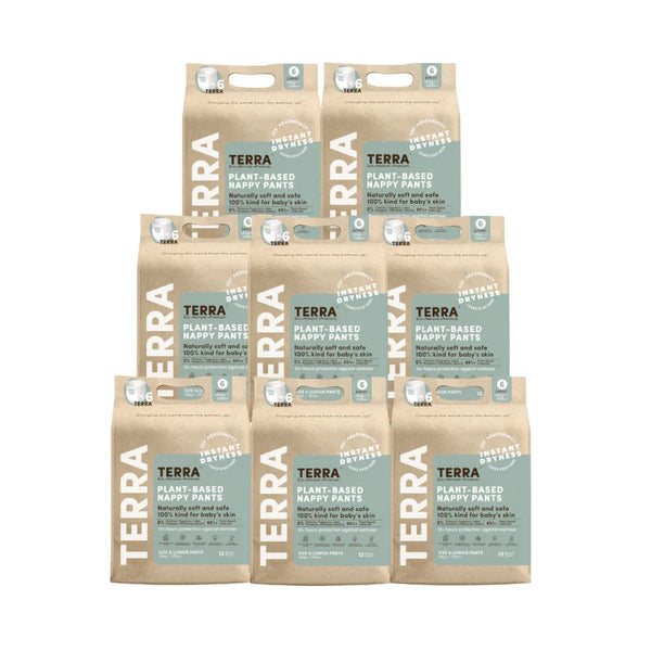Multiple packages of Terra plant-based nappy pants on a white background