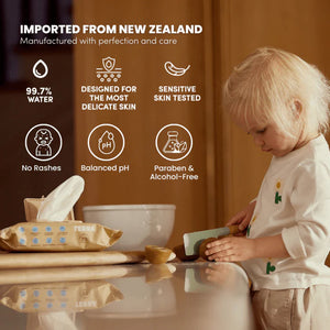 Child playing with a toy in a bathroom setting, with product packaging and features highlighted.