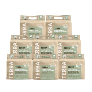 Multiple packages of Terra plant-based nappies on a white background