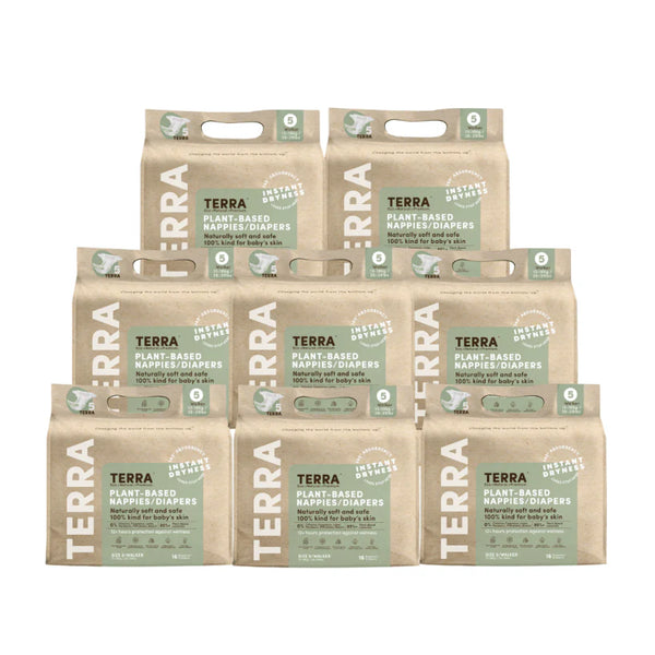 Multiple packages of Terra plant-based nappies on a white background