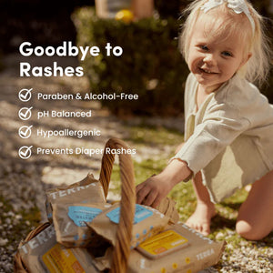 Child playing outdoors with Terra product package, featuring text about product benefits.