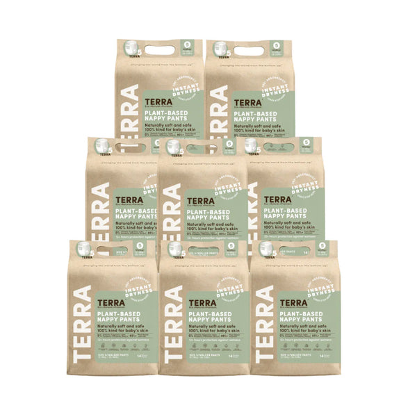 Multiple packages of TERRA plant-based nappy pants on a white background