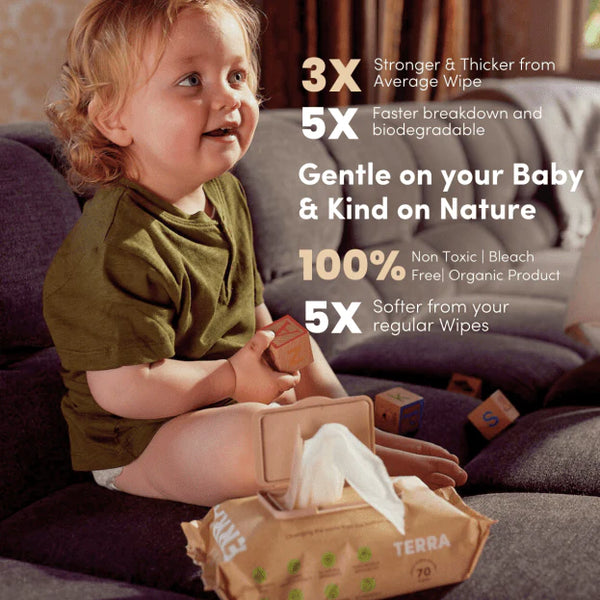 Child sitting on a couch with Terra brand organic wipes packaging, emphasizing product benefits.