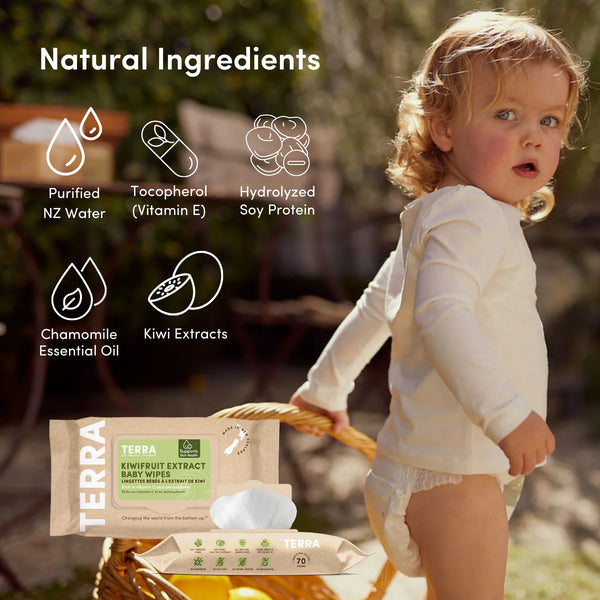 Child playing outdoors with Terra baby wipes packaging and natural ingredients listed.