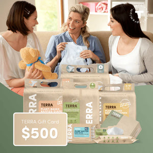 Three women sitting on a couch with Terra brand products and a $500 gift card.