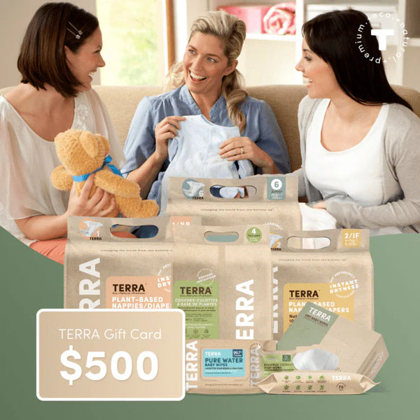 Three women sitting on a couch with Terra brand products and a $500 gift card.
