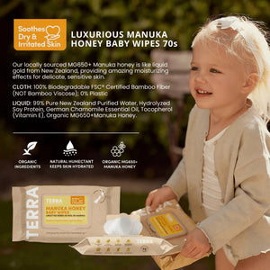 Child holding Terra Manuka Honey baby wipes with product details on a natural background