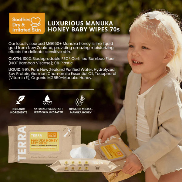 Child holding Terra Manuka Honey baby wipes with product details on a natural background