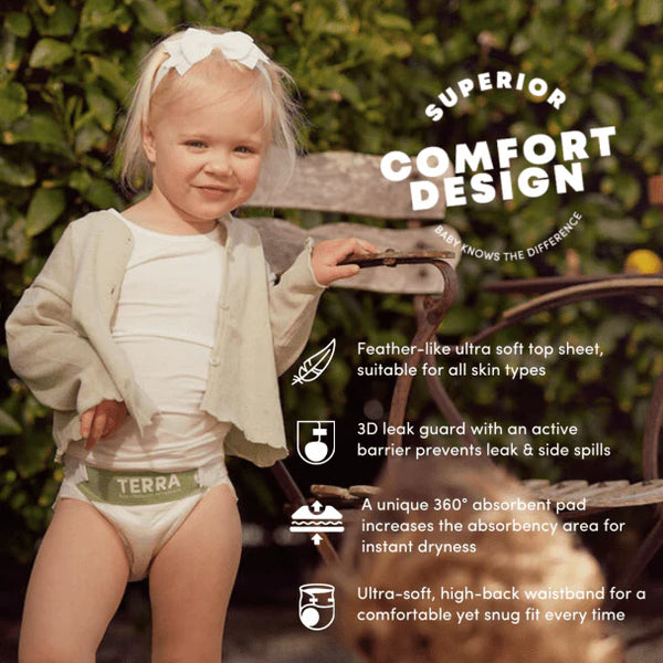 Child wearing a diaper with text about product features