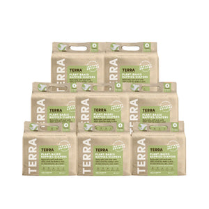 Multiple packages of TERRA plant-based nappies on a white background