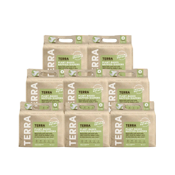 Multiple packages of TERRA plant-based nappies on a white background