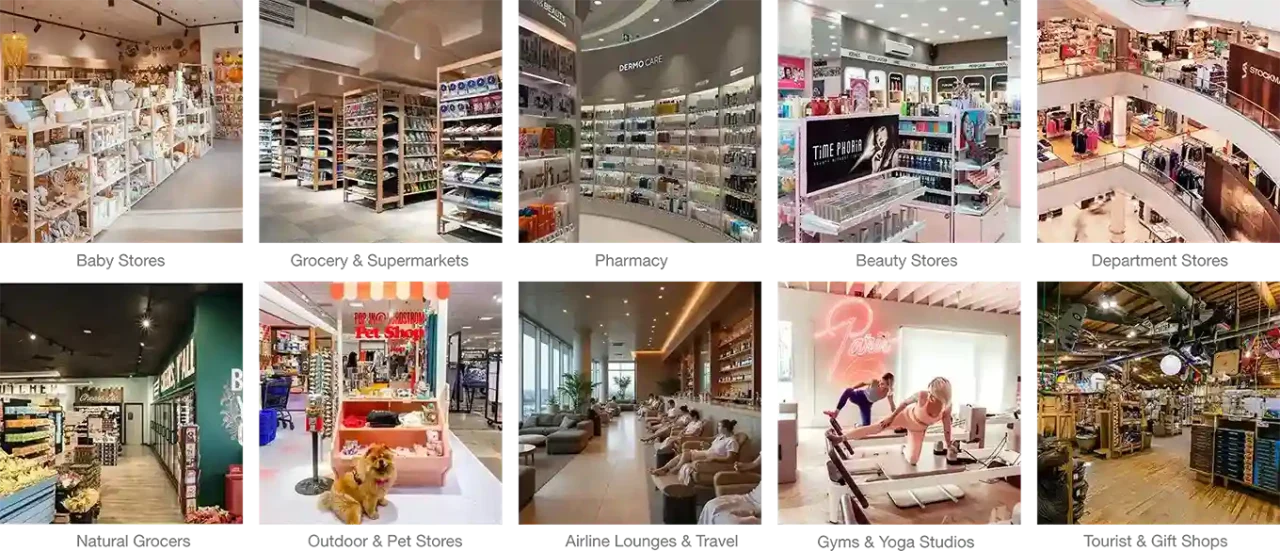 Collage of various retail store interior images .