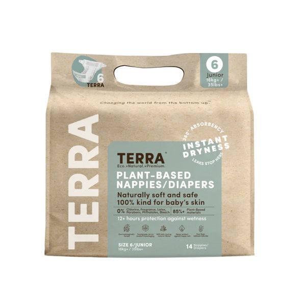 Terra plant-based nappies/diapers package on a white background