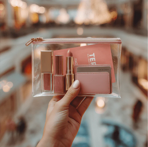 Hand holding a clear makeup bag with pink cosmetic items against a blurred indoor background