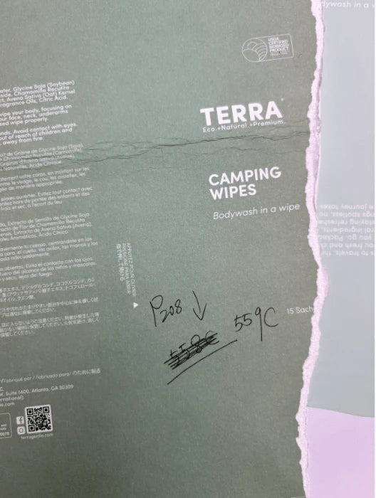Terra camping wipes packaging design with eco friendly outdoor skincare branding