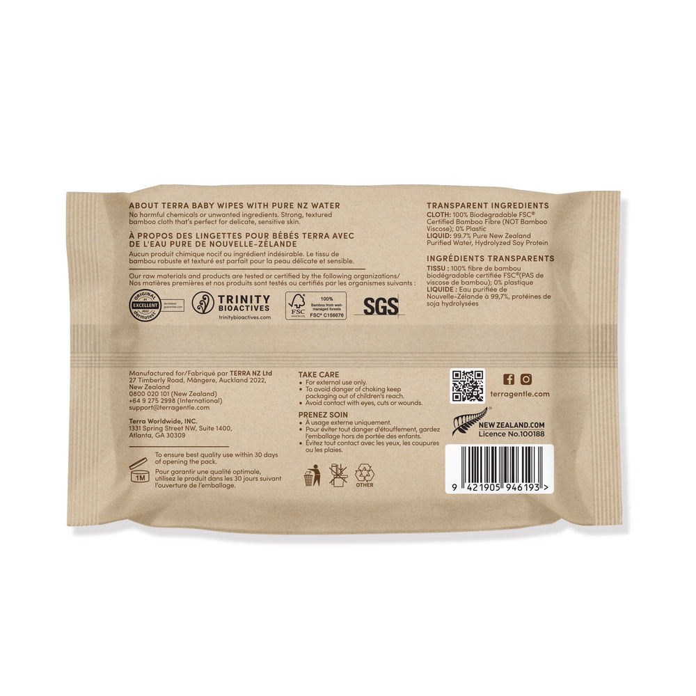 Terra Pure Water Baby Bamboo Wipes Travel Pack 24s
