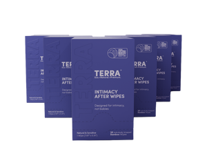 Multiple boxes of Terra intimacy after wipes on a white background
