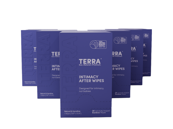 Multiple boxes of Terra intimacy after wipes on a white background