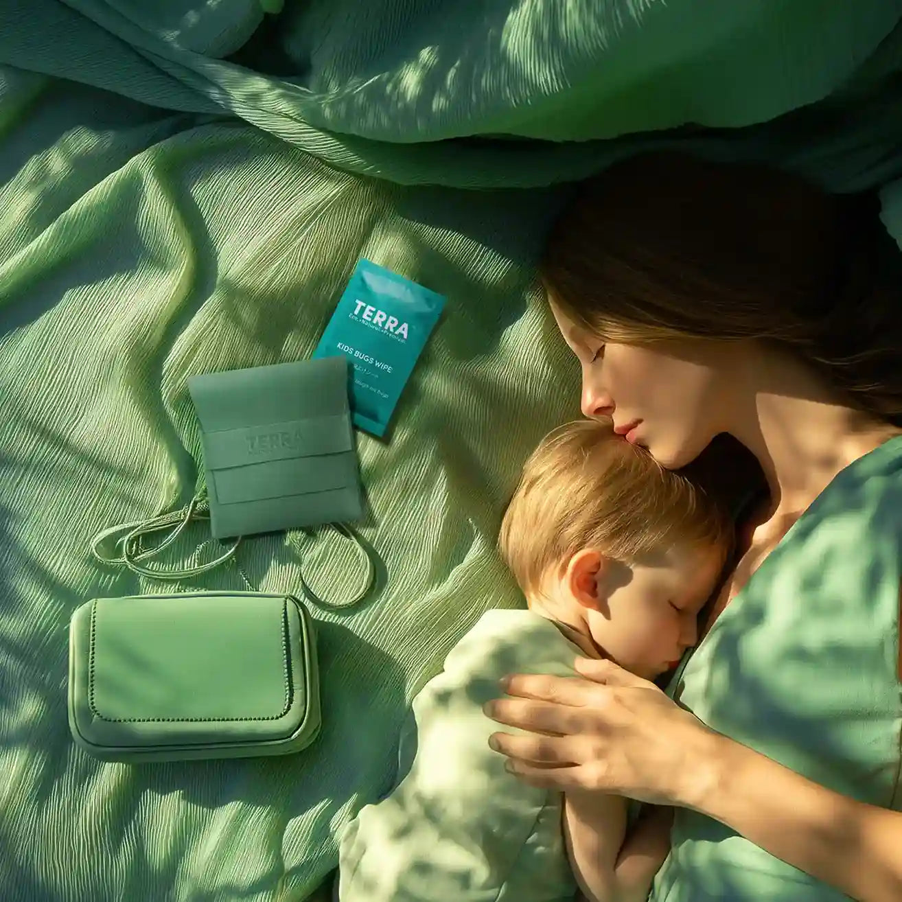Woman holding a baby next to green TERRA products on a green fabric background