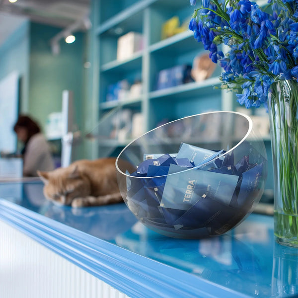 Glass bowl with blue items on a counter, blurred background of a store interior.