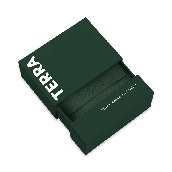 Minimal dark green Terra wipes packaging with modern premium branding