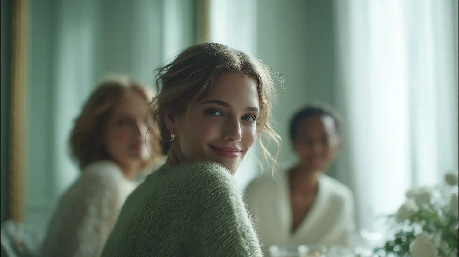 Woman in a green sweater sitting at a table with blurred people in the background