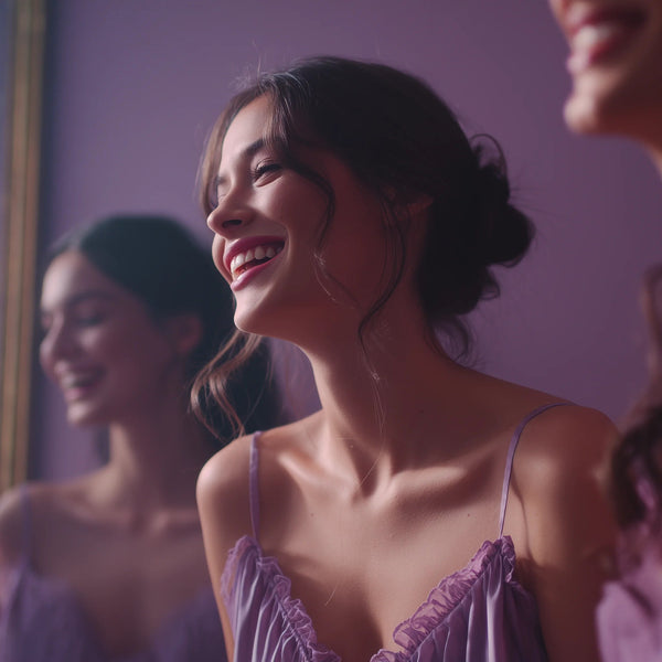 Woman in a purple lace dress smiling in front of a mirror with a blurred reflection.