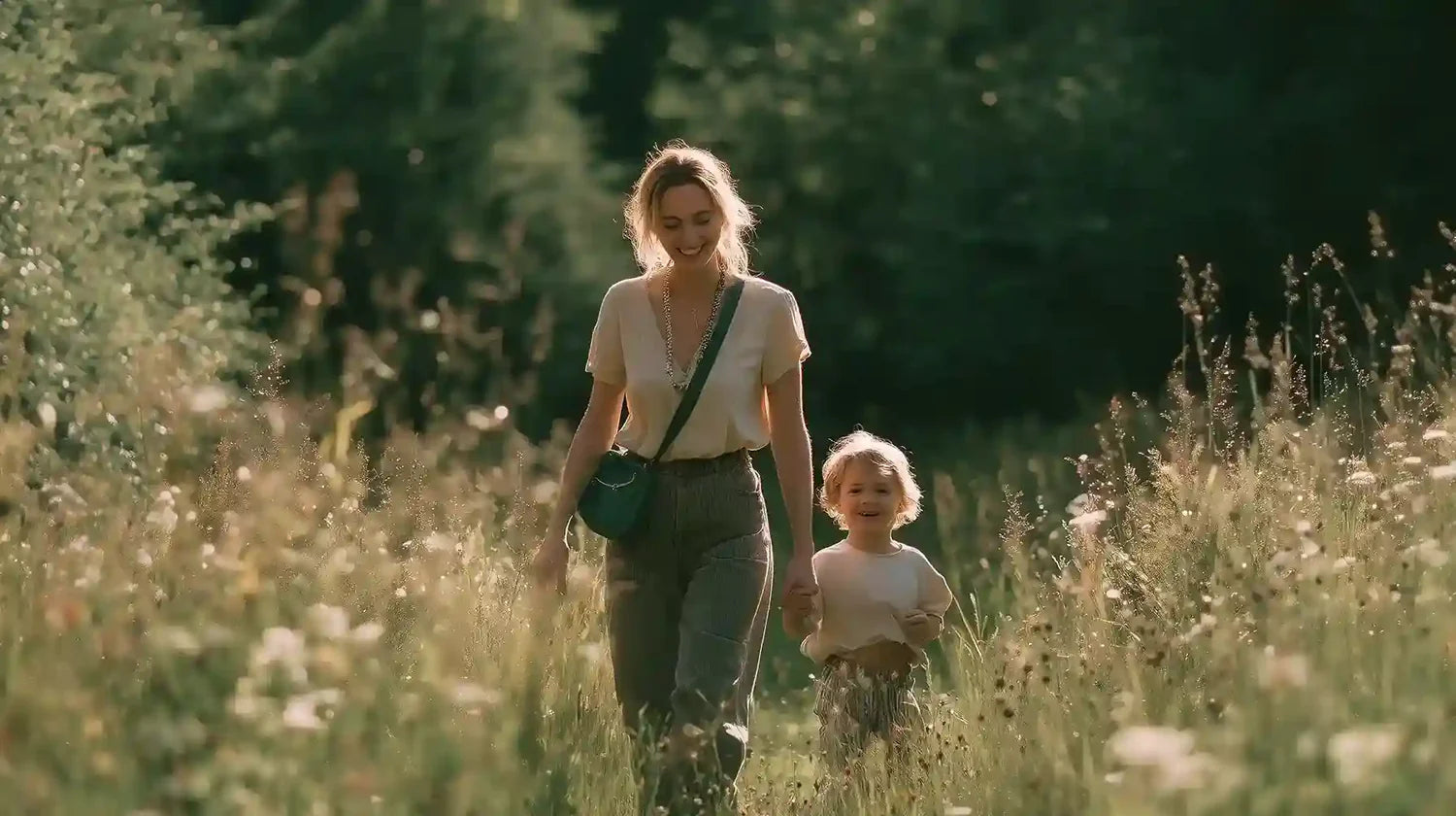 Woman and child walking through a field of tall grass and wildflowers