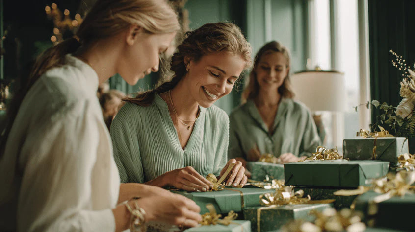 Three women at a table with gift-wrapping supplies, smiling and engaged in gift-wrapping activity.