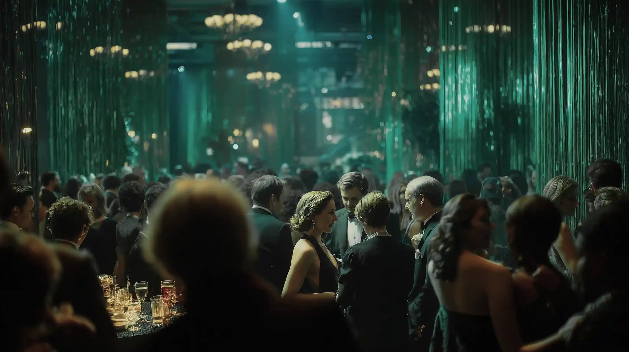 Dense crowd at a formal event with green drapery and chandeliers.